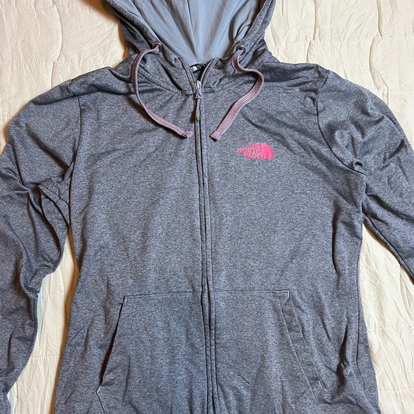The North Face Women Size Large Gray Fleece Hoodie Pink Logo Y2K Zip Up - Picture 4 of 5
